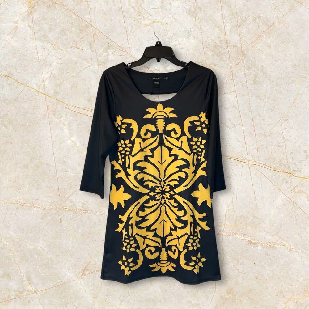 Radzoli Mini Dress Gold Damask Print 3/4 Sleeve Party Cocktail Dress M